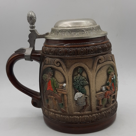 Vintage W. Germany Original Gerzit Beer Stein Moriage Short Stubby Pewter Top - Picture 3 of 8